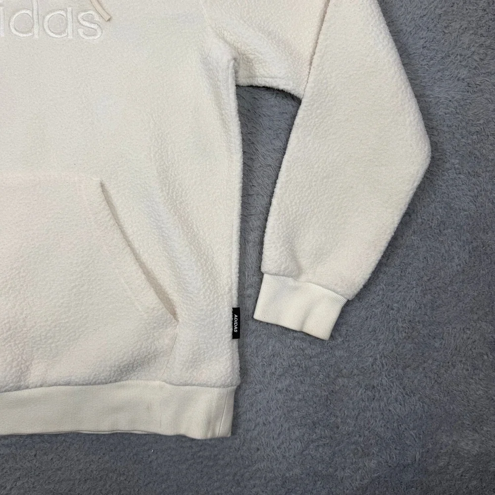 Adidas Mens Sherpa Fleece Hoodie Cream White Embroidered Logo Pullover Medium